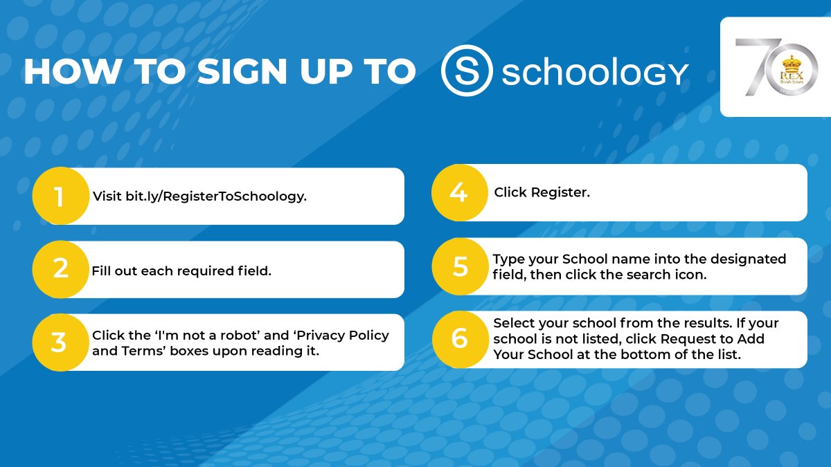 _rexeducation's tweet image. Have you signed up to Schoology yet? If not, here’s a step by step guide on how to complete your registration for free. Click here to start creating your schoology account: bit.ly/RegisterToScho…. Stay tuned for our very first Schoology course for educators. #Schoology