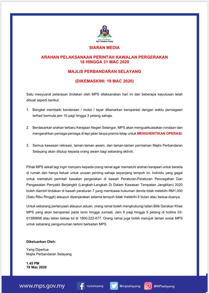 Mpselayang على تويتر Siaran Media Arahan Pelaksanaan Perintah Kawalan Pergerakan 18 Hingga 31 Mac 2020 Di Kawasan Pentadbiran Majlis Perbandaran Selayang Selayangkusayang Perbandaranlestari Perangicovid19 Https T Co Xsspzwfnnx
