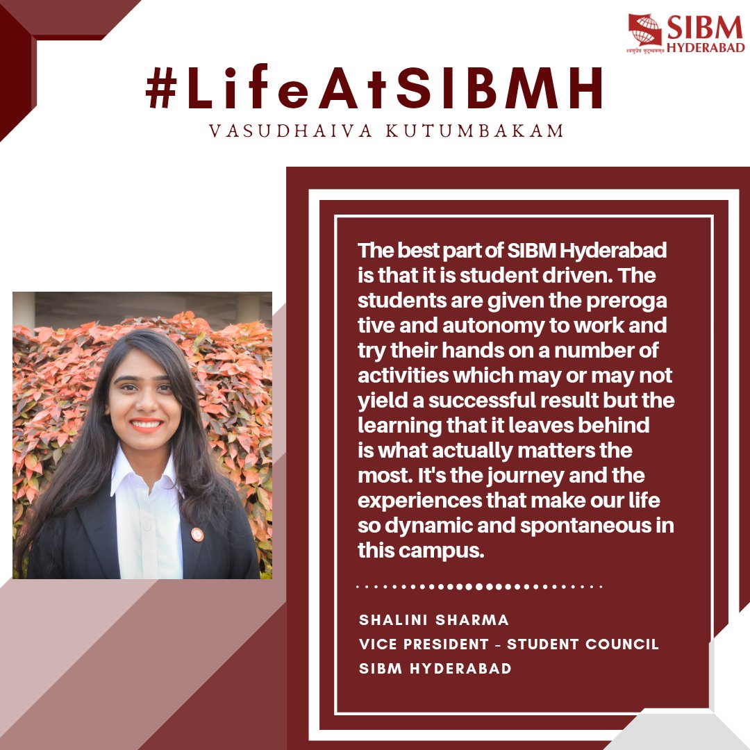 SIBMHYD's tweet photo. Shalini Sharma, the Vice President of Student Council, SIBM Hyderabad, shares her enriching journey at the campus so far. #sibmh #mba #siu #symbiosis #lifeatsibmh https://t.co/M1NLb40znV