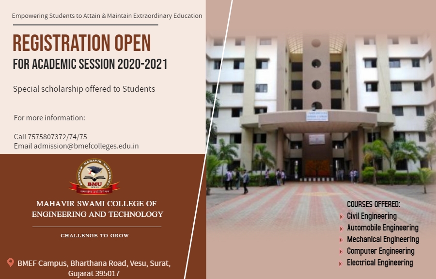 Mahavir Swami College of Engineering and Technology offers various engineering courses with the best of infrastructure and faculties.
Registration Open!
Apply Now!
.
.
. 
#engineering #bestinfrastructure #ApplyNow #AdmissionsOpen #creativity #bmu #bestcollegeinsurat