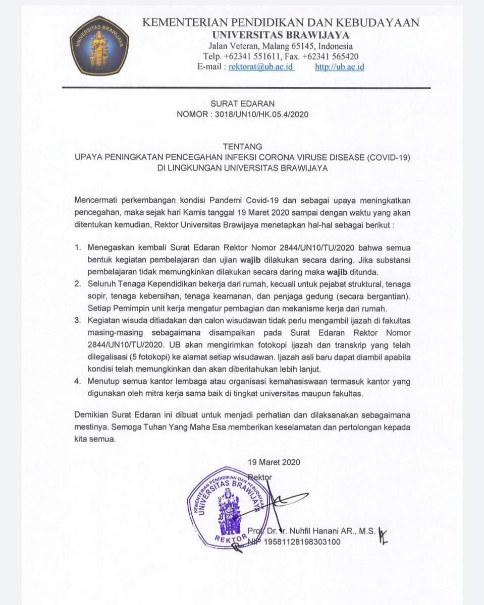 infoUB's tweet photo. UB Resmi Lockdown.... 
1. Kuliah Online, jika tidak bisa, maka wajib ditunda
2. Wisuda ditiadakan, tidak perlu ambil ijazah,  fotokopi ijazah dan transkrip akan dikirim ke Wisudawan 

SEMANGAT UB!!!!!! https://t.co/bSKPb3aYVx