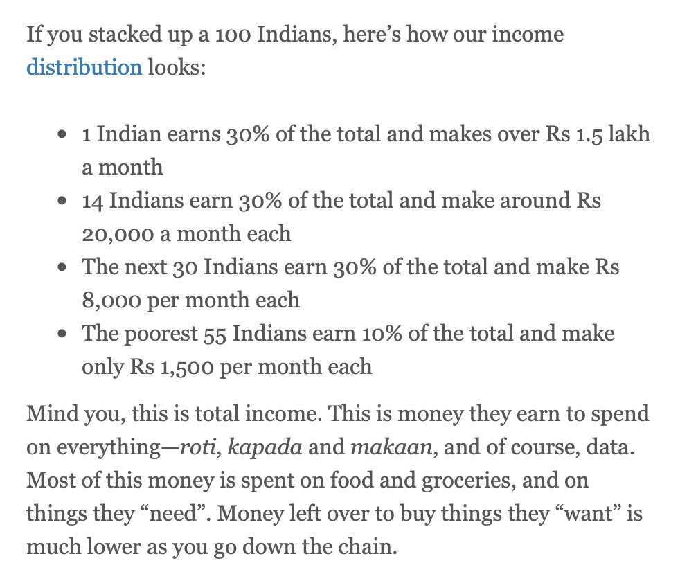 9/n The “excessive and aspirational" consumption of the 50M households has acted like a large lever within our population pyramid. They spend, and India earns, and then they earn and spend even more. They are the India 1 households - the top 15% http://www.foundingfuel.com/article/how-indias-digital-economy-can-rediscover-its-mojo/