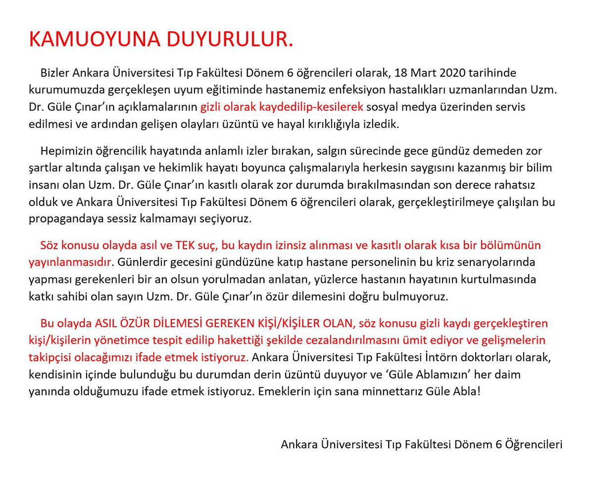 Son birkaç haftadır gece gündüz demeden eğitimler veren, ekipmanın düzgün kullanılması adına planlamalar yapan,salgın için canını dişine takan,saygı duyurduğumuz Güle ablamız
Sen özür dileyecek bir şey yapmadın, biz arkandayız. İyi ki varsın sen! #drgulecinarınyanindayiz