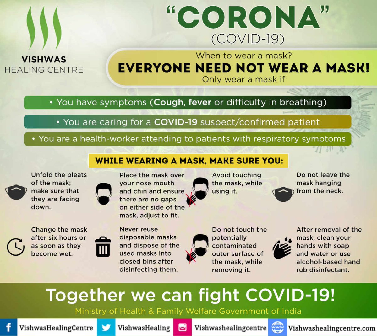 VishwasHealing's tweet photo. Everyone need not wear a #mask. Know, when &how to wear a mask! Together we can fight COVID-19!
#VishwasHealingCentre #CoranaVirus #Virus #Covid19 #IndiaFightsCorona #CoronaOutbreak #HealthForAll #SwasthBharat #Corona #Immunity #VitaminC #Giloye #Aloevera #WarmWater #Hope #Safe https://t.co/98SQ2B3ID5