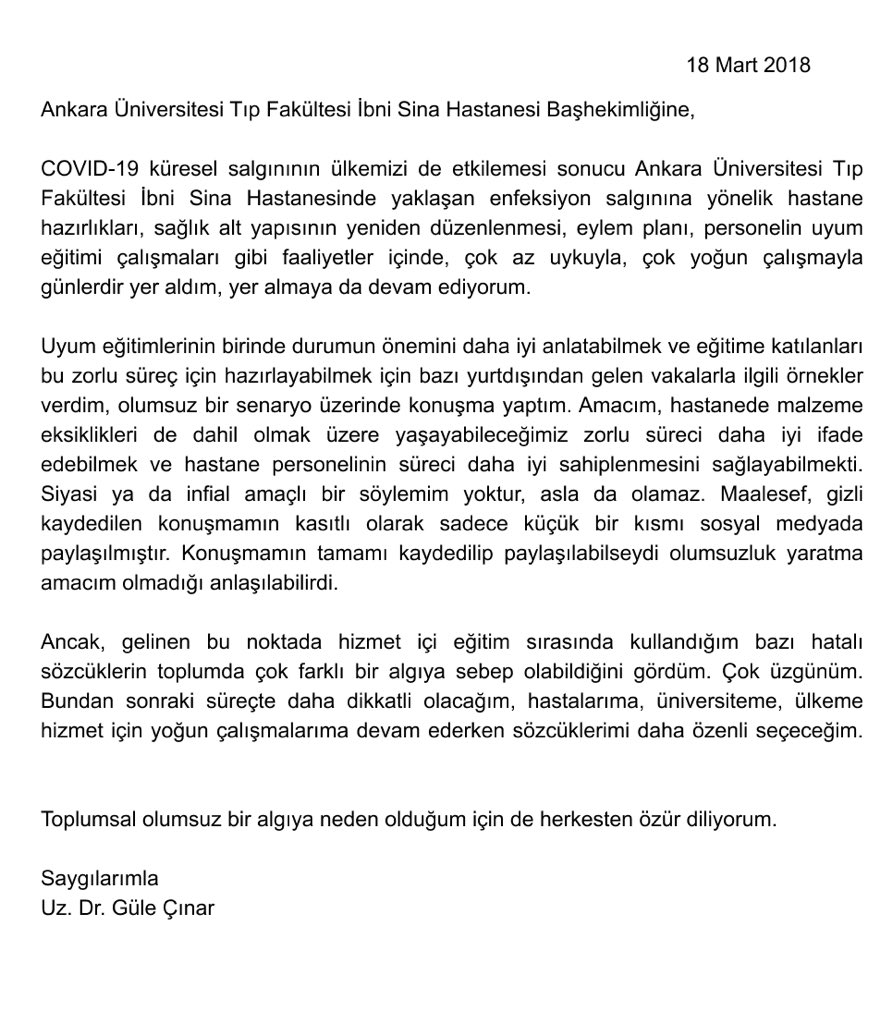 UlviYonter's tweet photo. Uz. Dr. Güle Çınar’ın fedakarca çalışmasını unutup lince kalkışmak ayıp ve haksızlıktır...Konuşmasını gizlice kayda alıp bağlamından koparmak, sonra da yayınlamak ahlaksızlıktır...Doktorlarımıza, hemşirelerimize, tüm sağlık çalışanlarımıza ödenmesi çok zor vefa borcumuz vardır... https://t.co/B2AOSCG6Jb
