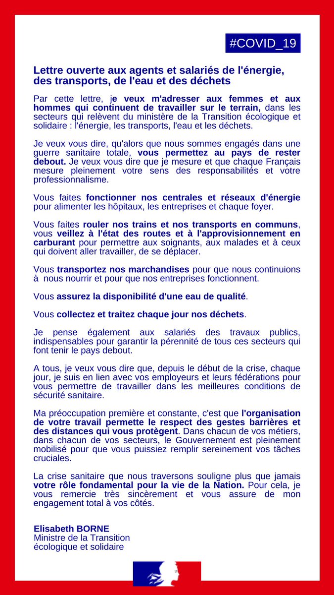 "Ma préoccupation première et constante, c'est que l'organisation de votre travail permette le respect des gestes barrières et des distances qui vous protègent"

Ma lettre aux agents et salariés de l’énergie, des transports, de l’eau et des déchets #COVID19 👇