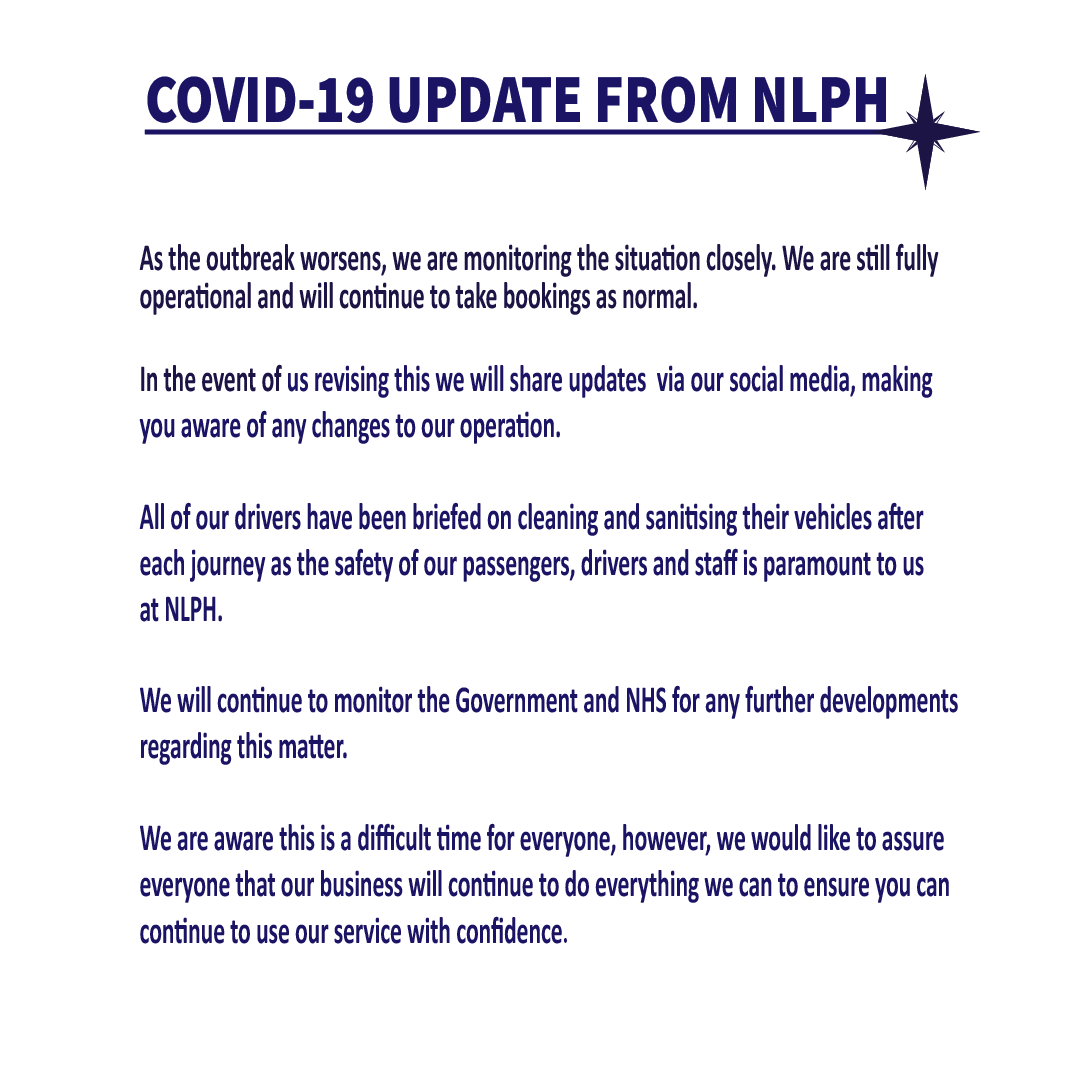 hire_north's tweet photo. CORONAVIRUS UPDATE 📣 
-
📞 01698 253000/813777 to secure your booking with NLPH.
#coronavirusprevention #northlanarkshire #taxidriver #taxi #nlph #travelsafety #passengersafety https://t.co/V3ctUmVmgn