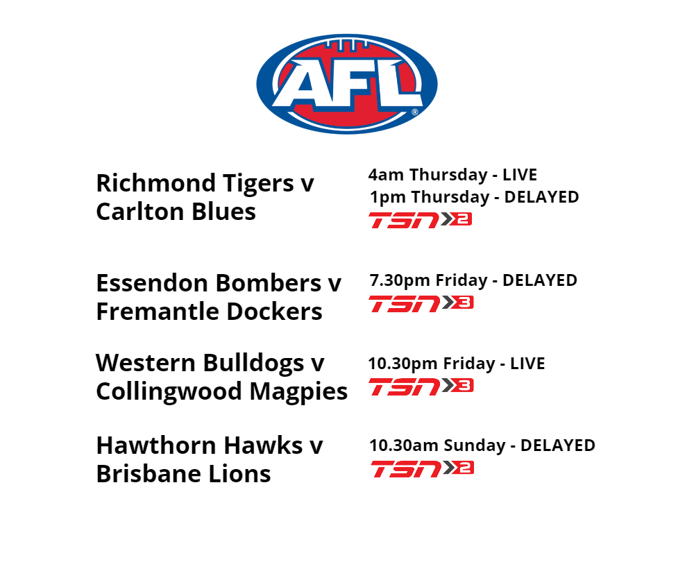 FOOTY FEST!

<a href="/TSN_Sports/">TSN</a> TSN has updated its schedule to include four AFL men's games across five broadcasts.