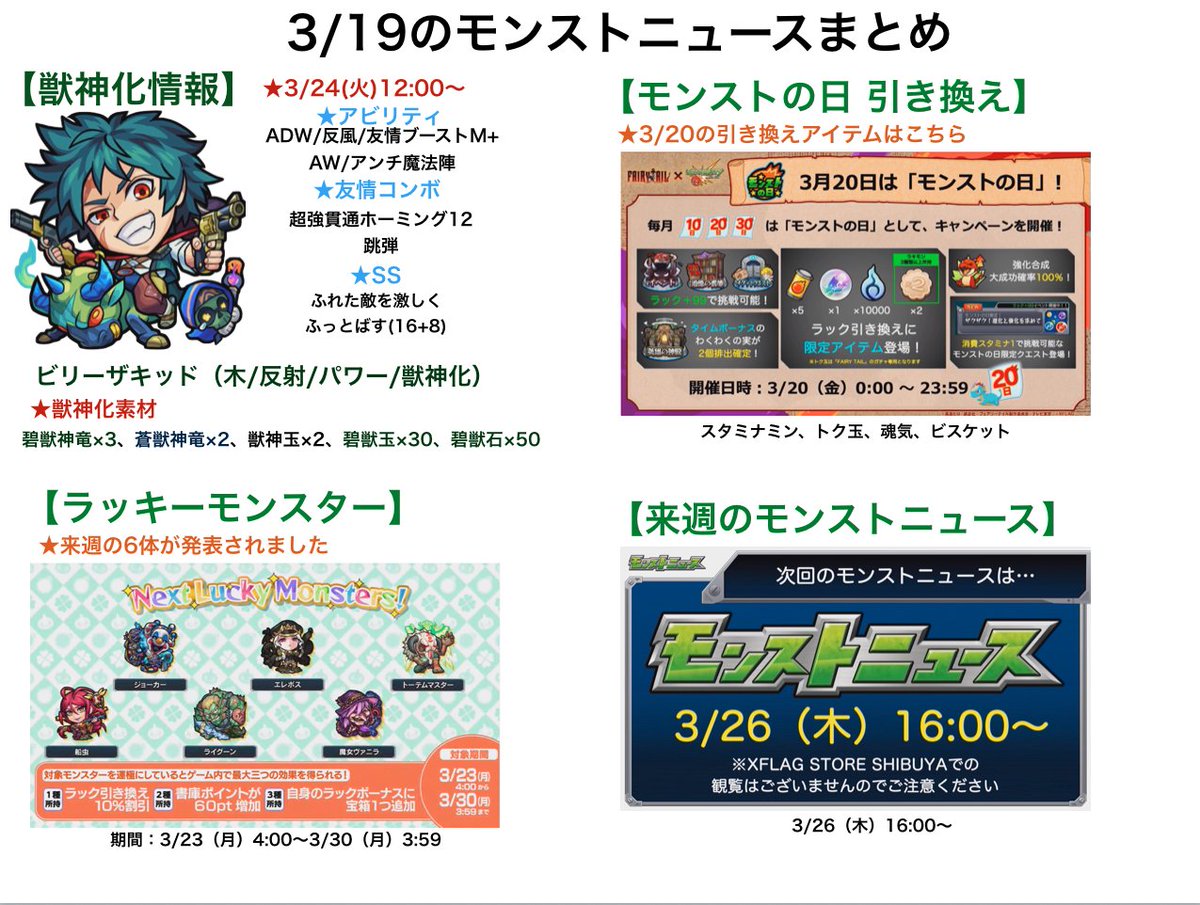 とんぬん 3 19のモンストニュースまとめ 獣神化はビリーザキッド 来週のラッキーモンスター 超究極 ゼレフ神化 が降臨 神獣の聖域 新ステージ追加 モンストニュースurl T Co Mfcvmjphat