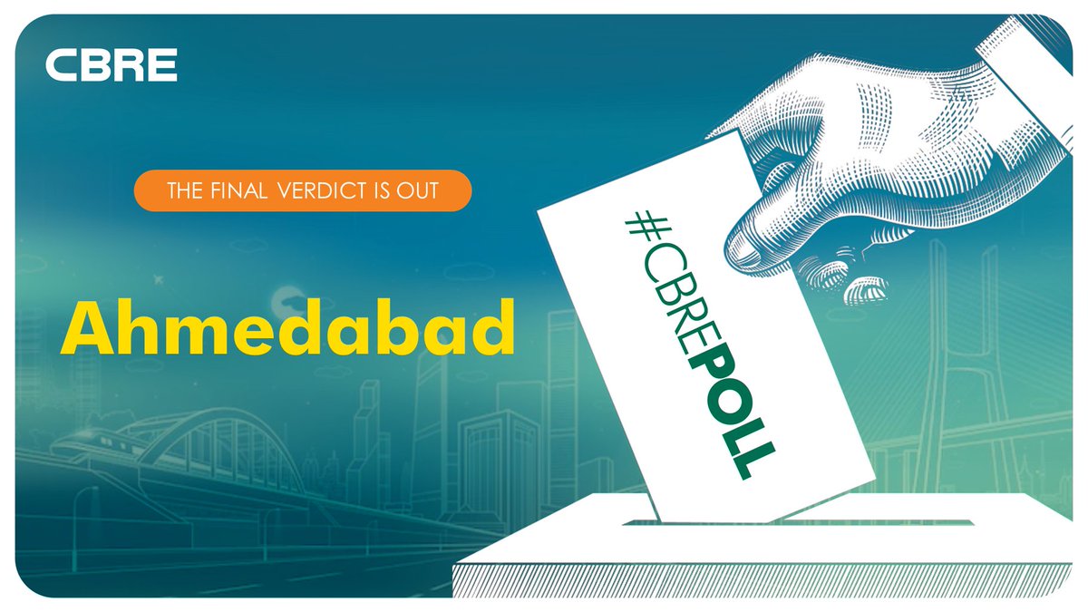 CBRE_India's tweet photo. #CBREPoll
The audience has spoken!
According to our recent poll #Ahmedabad is the most successfully implemented #SmartCity !
What are your thoughts on the result? Share them with us!
#CBREPoll #SmartCityPlan
@SmartCities_HUA @CollectorAhd https://t.co/HLtOzteCR4
