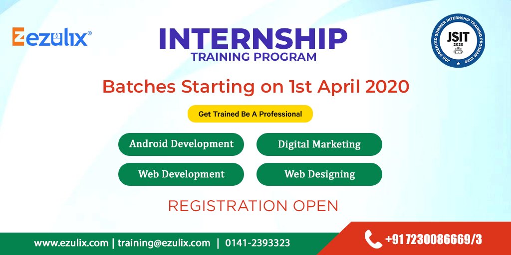 InternshipinJa1's tweet photo. ✅ ✅Batches are starting from 1st April 👨‍💻 Registration has been stating...........hurry up🏃‍♂️🏃‍♀️, don't miss it❌❌❌ We are best #SummerTraining provider company in Jaipur. ✅✅ Get hands-on training with live projects.

Apply now &amp; #SAVE 10% today👉 https://t.co/GCOyFBWYRG https://t.co/so5wWwQk50