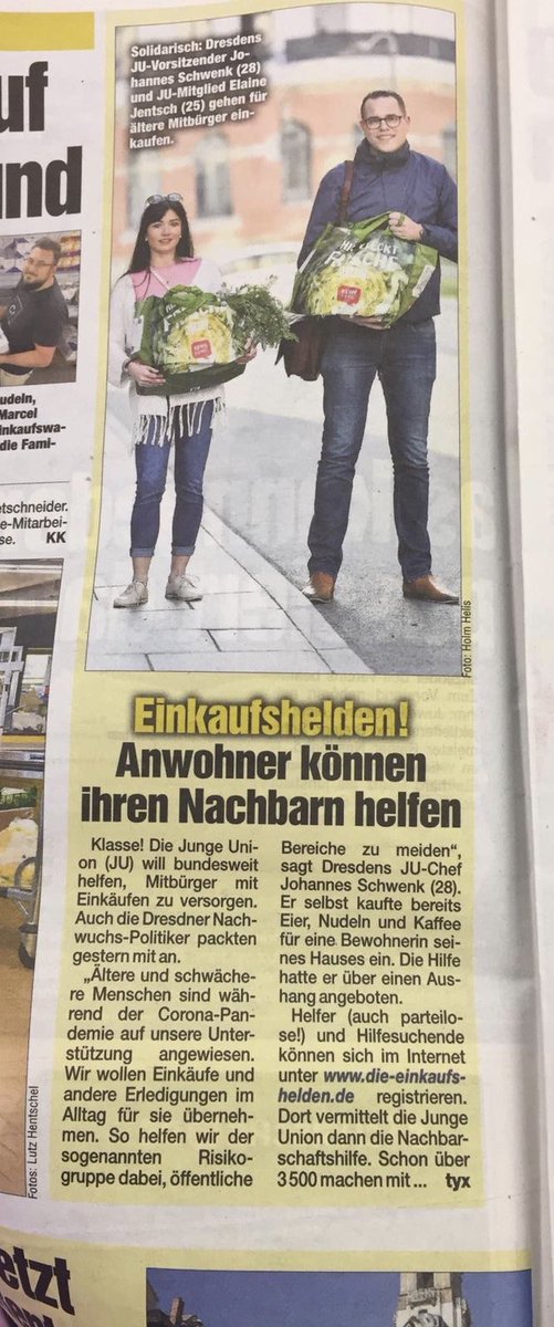 JUDresden's tweet photo. Heute in der #Morgenpost #Dresden mit der Aktion #Einkaufshelden der @Junge_Union 🛒👍 Jetzt auch ein Einkaufsheld werden und hier registrieren: https://t.co/27Y2X9orvy 🦸‍♂️🚀 https://t.co/0KIFdm5pCu