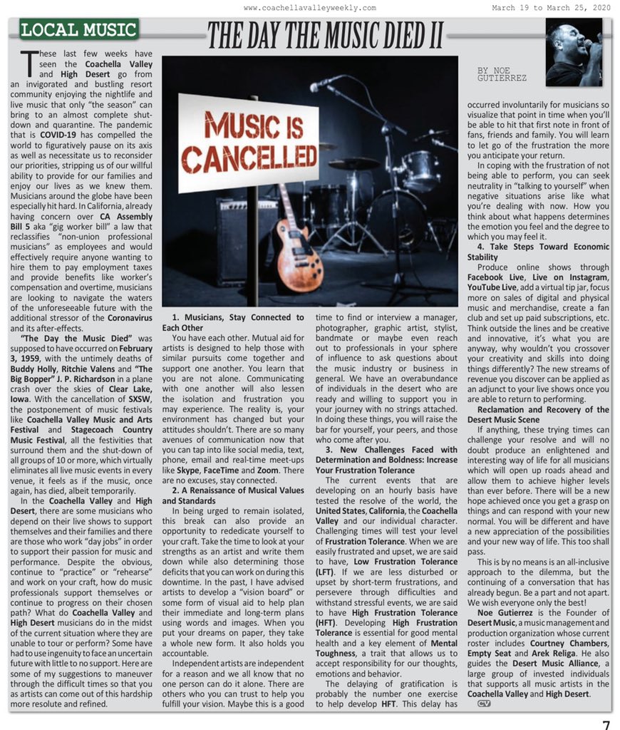NoeDesertmusic1's tweet photo. Click on the link below to read my @CVWeekly1 article about “The Day The Music Died II”
#cvweekly #livemusic #music #desertmusic #coronavirus #covid19 #coachella #coachellavalley #evolution #highdesert #stayconnected #renaissance #mentaltoughness

https://t.co/zDInUMFfFn https://t.co/EU8kCXYp4x