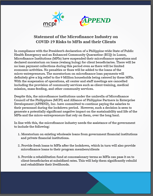 kmbi_org's tweet photo. Statement of the Microfinance Industry on COVID-19 Risks to MFIs and their Clients https://t.co/RSF91eN7uI