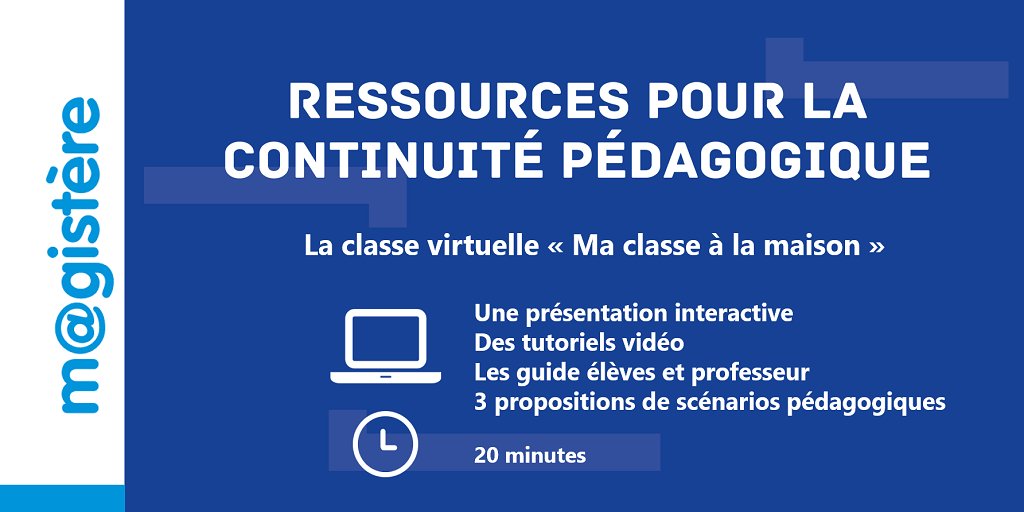 Eduscol's tweet photo. #MaClasseaLaMaison 🖥️ Comment créer et animer une #ClasseVirtuelle ? Peut-on facilement partager des supports ou interagir avec les élèves ?

Retrouvez toutes vos réponses sur le parcours M@gistère dédié ▶️ https://t.co/fDNfB52T2T

#ContinuitéPédagogique @DANEVersailles @cned https://t.co/6ypniVSVNV