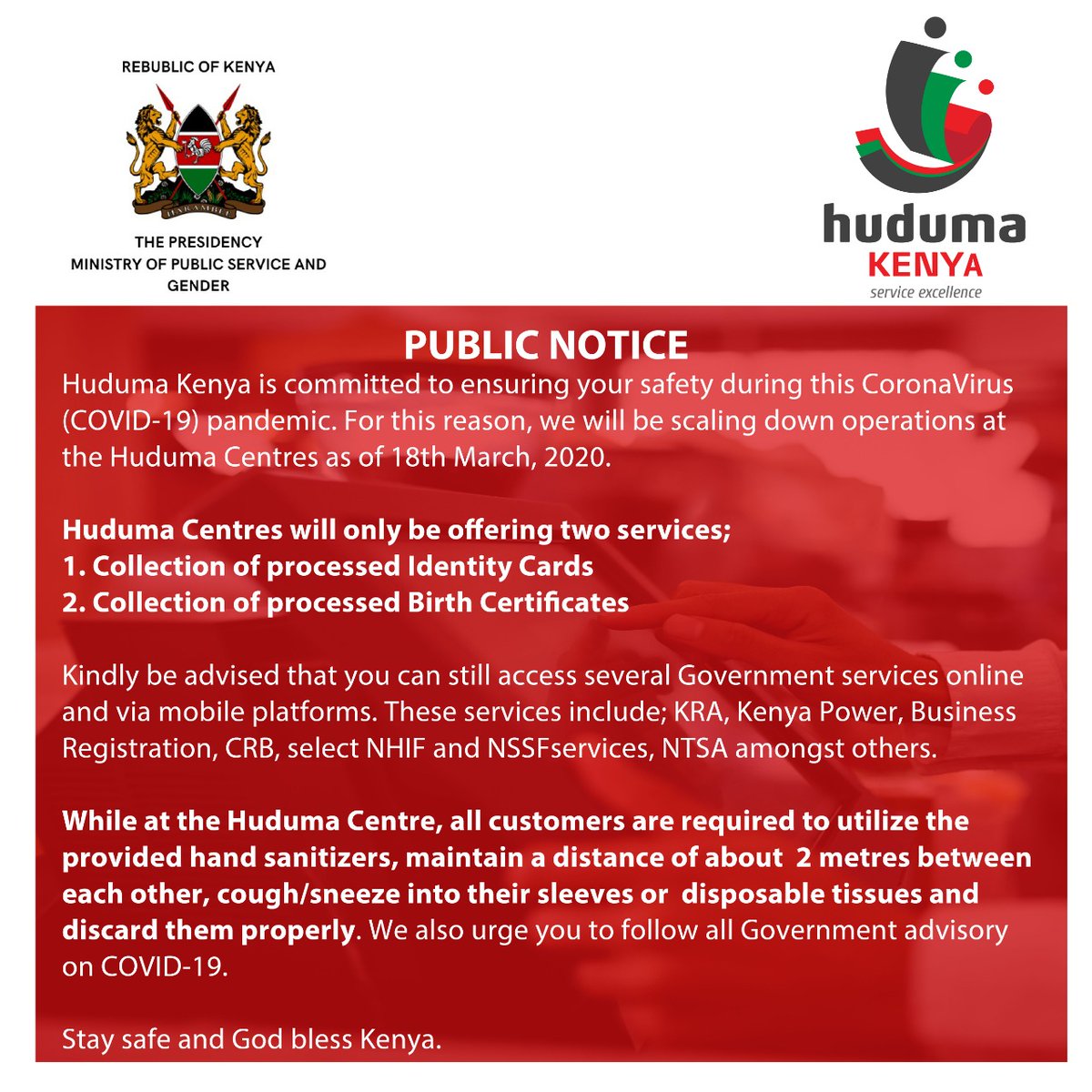 Public Service Announcement: @HudumaKenya #COVID19 #COVID19Kenya