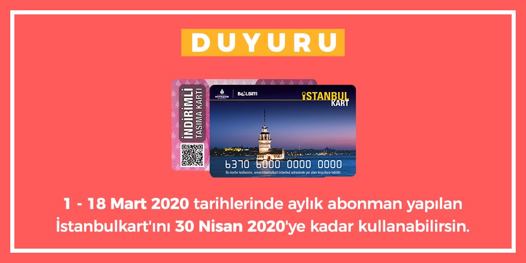 istanbulkart twitter પર aylik abonmanini rahatca kullan diye sureyi uzattik simdi evdekal 1 18 mart tarihlerinde aylik abonman yaptirdigin ogretmen ogrenci ve 60 yas uzeri istanbulkart ini 30 nisan a kadar saglikla kullan https t co