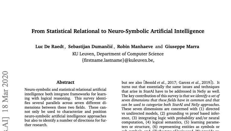 Luc De Raedt (@lucderaedt) on Twitter photo Our new survey bridging the gap between Statistical Relational and #NeuroSymbolic #AI is now available on arxiv arxiv.org/abs/2003.08316 Many concepts from star ai and #probabilisticprogramming carry over to neurosymbolic @sebdumancic <a href="/giuseppe__marra/">Giuseppe Marra</a> <a href="/ManhaeveRobin/">Robin Manhaeve</a> Our new survey bridging the gap between Statistical Relational and #NeuroSymbolic #AI is now available on arxiv arxiv.org/abs/2003.08316 Many concepts from star ai and #probabilisticprogramming carry over to neurosymbolic @sebdumancic <a href="/giuseppe__marra/">Giuseppe Marra</a> <a href="/ManhaeveRobin/">Robin Manhaeve</a>
