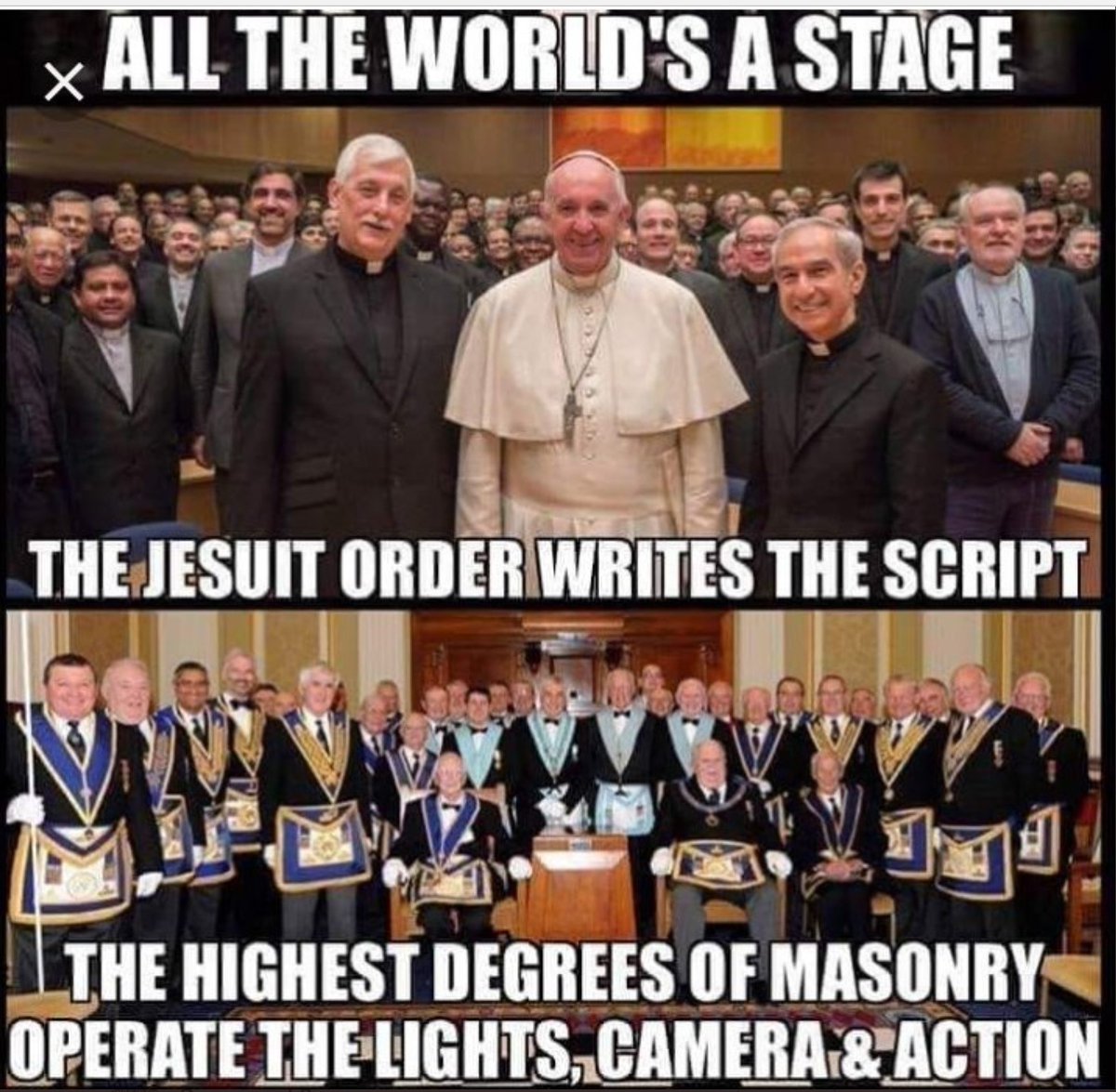 ZChronicNebula's tweet photo. All the world's a stage.

The Jesuit Order writes the script &amp; the highest degrees of masonry operate the lights, camera &amp; action.

Minipulating the masses with fake news, false flags, celebrity puppets, mind altering toxins &amp; political distractions. https://t.co/ra2Zu4aIqN