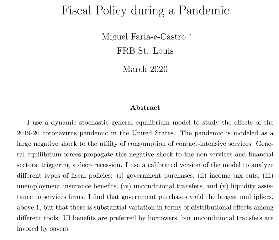 mfariacastro's tweet photo. (i) How to model a pandemic in macroeconomic model? (ii) What are the effects of different fiscal policies during a pandemic? Those are the questions I try to answer in the fastest paper I have ever written (speed obviously negatively related w/ quality) 1/4 https://t.co/HshDo5tIsr