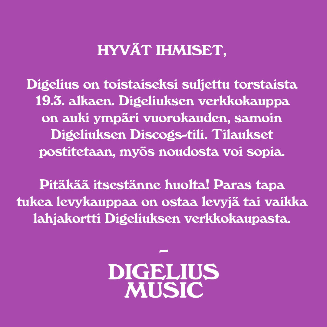 Viiskulman kauppa on kiinni toistaiseksi tästä päivästä eli torstaista alkaen, mutta Digeliuksen verkkokauppa palvelee.

Pysykää turvassa ja terveinä!

digelius.com