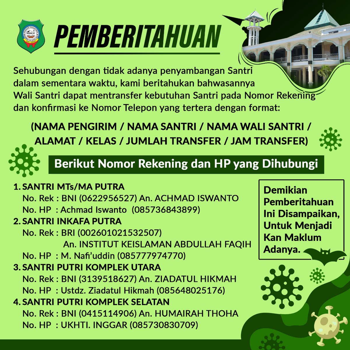 mambaussholihin's tweet photo. Himbauan untuk wali santri sebagai tindak lanjut maklumat pengasuh sebelumnya. 
Mohon kerjasamanya. Terima kasih. 

#santrisuci #santrinekyaimasbuhin #mambaussholihin https://t.co/2o9exF1p6H