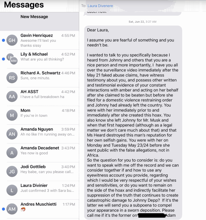 the Sun's lawyers have since tried to claim that Laura was pressured into signing her statement by Depp's lawyer Adam Waldman, submitting this text message and a transcript of a conversation between Divenere and Heard as proof
