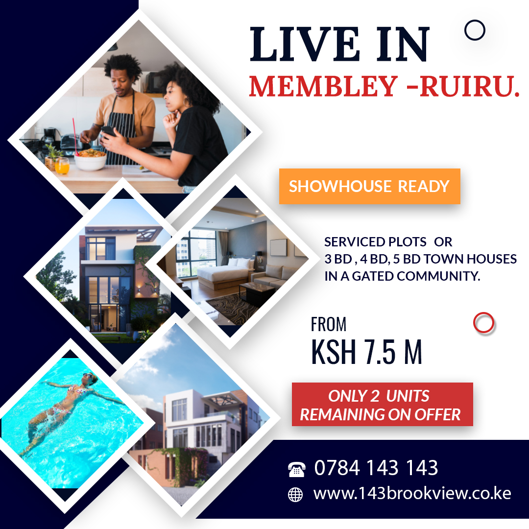 143Brook_view's tweet photo. The mix of modern and classical architectural styles blend together to form a timeless community.
Live in the water-front providing an unforgettable waterfront experience.
Book a Show house visit-Call 0784143143.
#ntvkenya #143brookview #showhouse #membley
https://t.co/UQb8v8xFHE https://t.co/dsuKM2HmJx