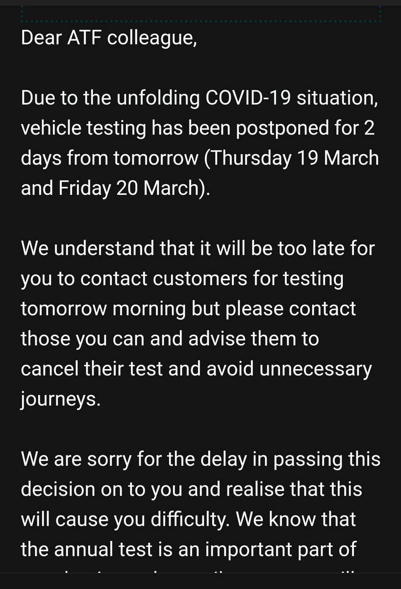 SwedishRealEst's tweet photo. @newsfromfta @RHANews MOT tests cancelled for next two days. Trucks will be VOR as no chance to rebook b4 end of month. #Crisis for #SME #hauliers https://t.co/uCZnBdQ15q