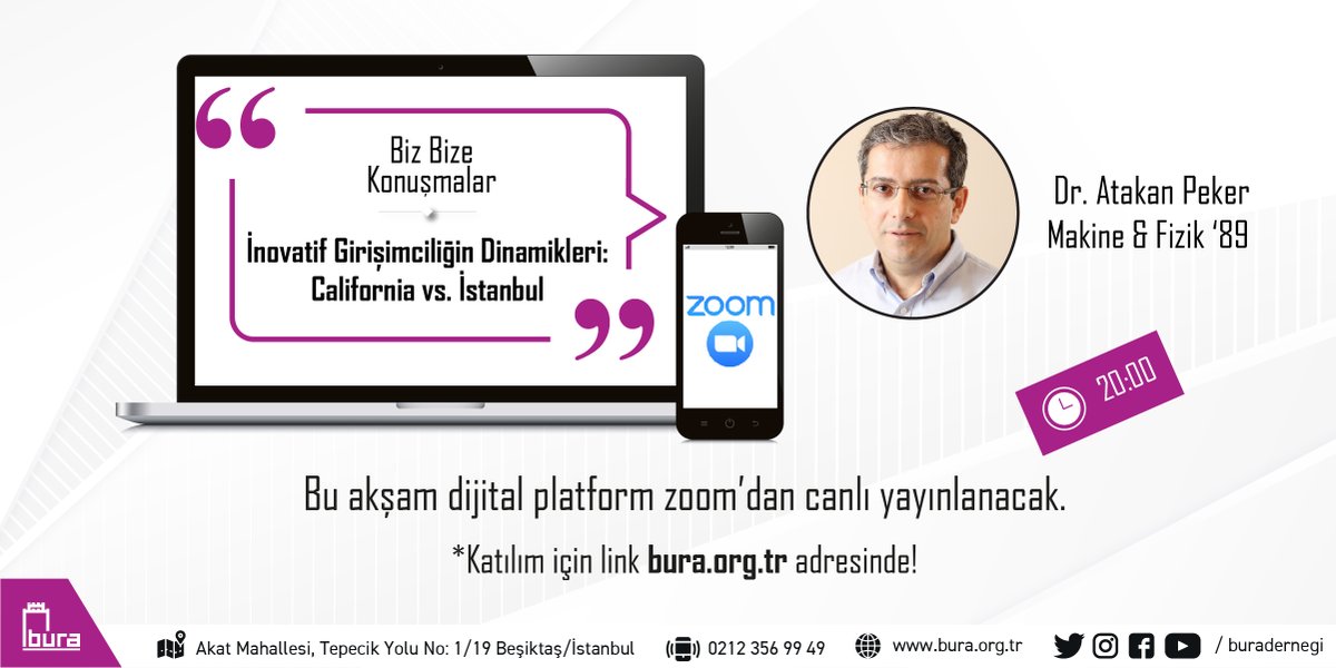 Biz Bize Konuşmalar'da BU AKŞAM!

Dr. Atakan Peker'le "İnovatif Girişimciliğin Dinamikleri: California vs İstanbul" söyleşisini zoom üzerinden online olarak gerçekleştireceğiz.

Detaylı bilgi ve katılım için: bura.org.tr/event/inovatif…