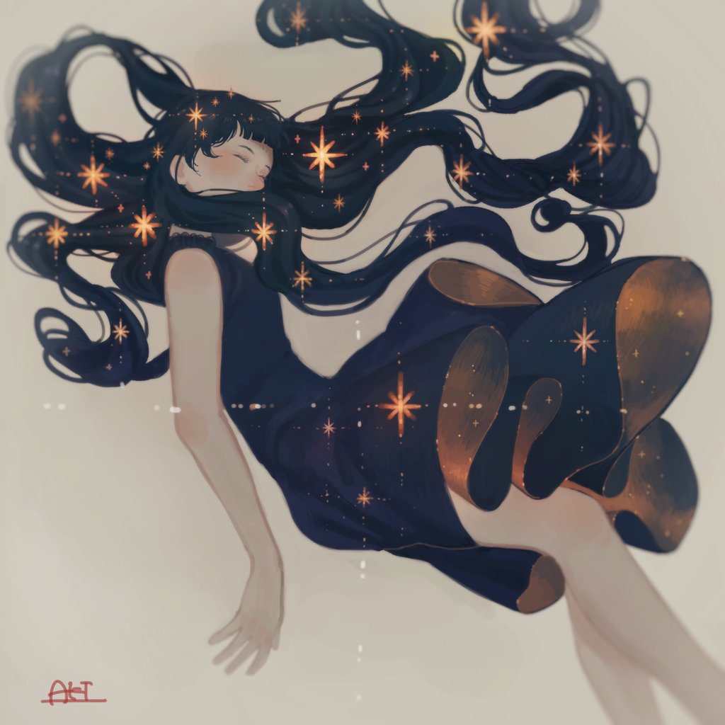 1girl solo long hair dress closed eyes black hair bangs  illustration images