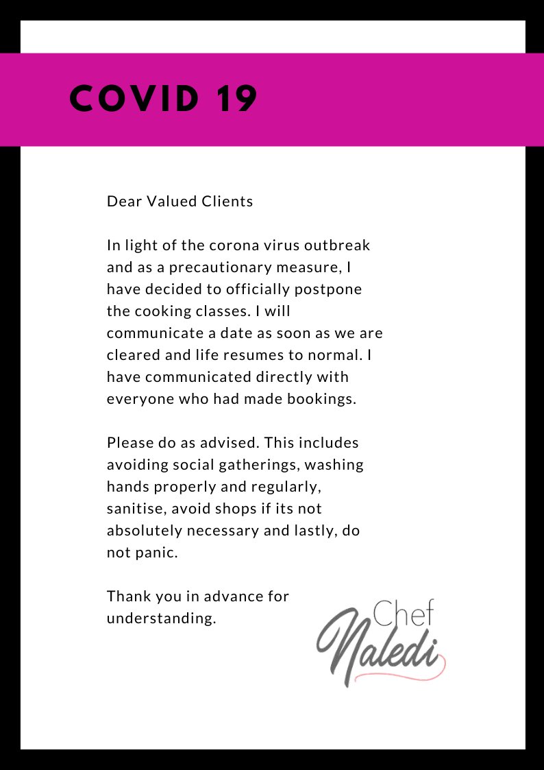 As a precaution. I have decided to postpone all cooking classes including the Botswana ones. In the mean time, please keep watching for immune booster recipes, easy kiddies recipes to keep them entertained and much more. 

Keep safe and remember, this too shall pass!!