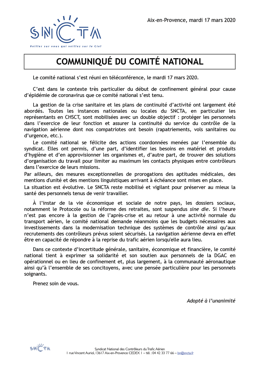 SNCTA's tweet photo. Le SNCTA tient à exprimer sa solidarité et son soutien aux personnels @DGAC opérationnels ou en confinement et, plus largement, à la communauté aéronautique ainsi qu’à l’ensemble de ses concitoyens, avec une pensée particulière pour les personnels soignants.
Prenez soin de vous https://t.co/SkyiTsMk9I
