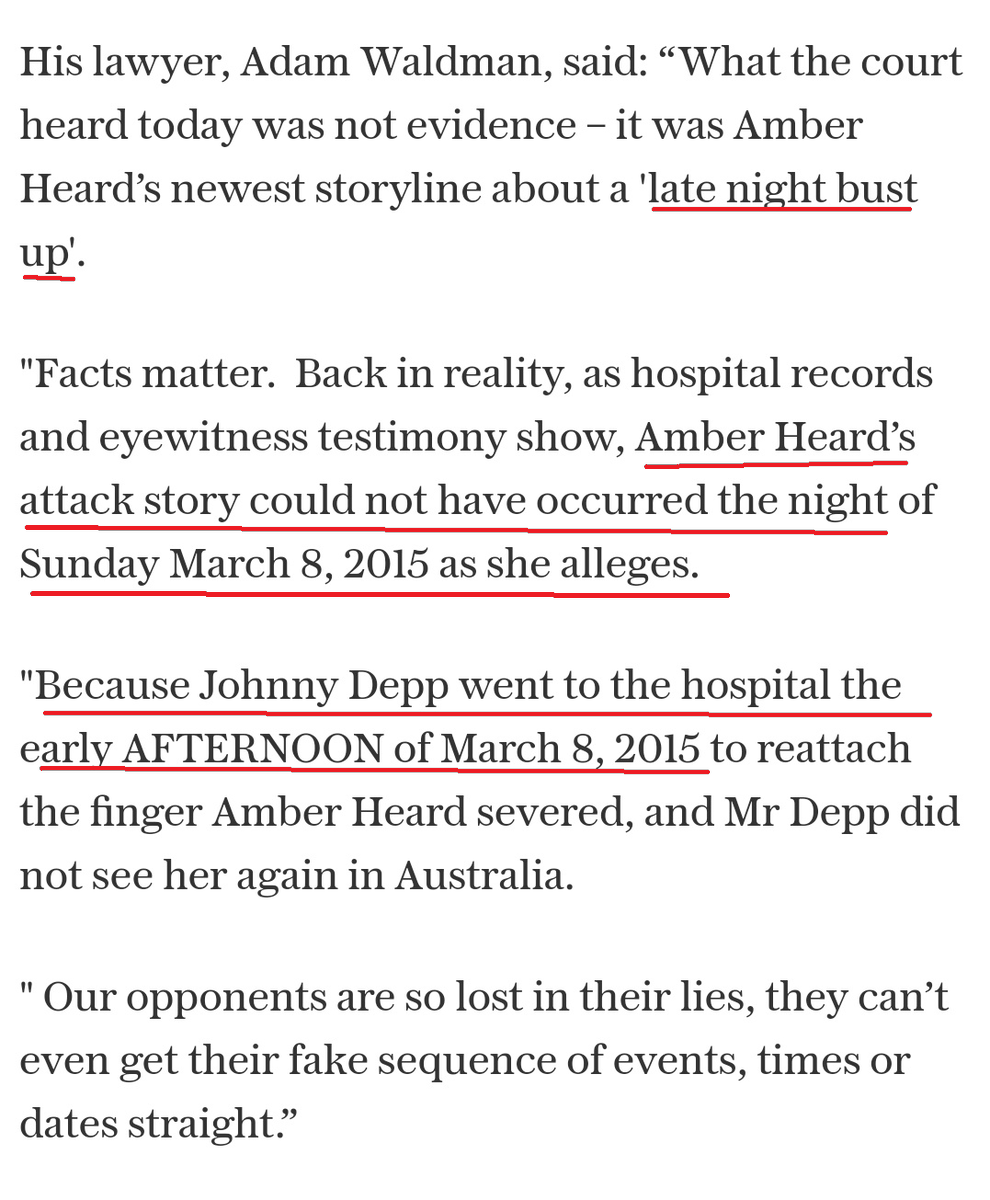 Inconsistency: Amber Heard said that the ping pong table and the finger injury happened on the same day. But the finger injury happened on the morning/afternoon of 8th of March, not March 4th/evening of March 8th.