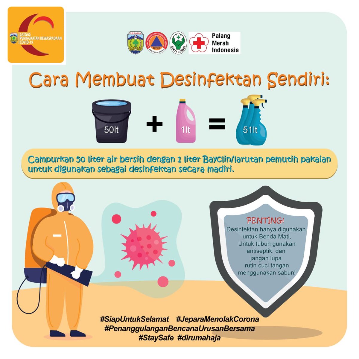 Bpbd Kab Jepara On Twitter Cara Pembuatan Desinfektan Mandiri Desinfektan Digunakan Tuk Bunuh Kuman Di Ruang Terbuka Smentara Tuk Bunuh Kuman Di Tubuh Kita Dg Handsanitizer Tanggapdaruratcorona Covid19 Bnpb Indonesia Bpbdjateng Prb Bnpb