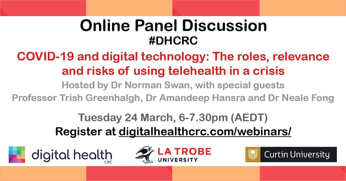 digihealthcrc's tweet photo. Will the #COVID19 disruption change the way we use #telehealth technology in the short &amp; long term? Join this webinar to hear the views of our panel of experts @normanswan @trishgreenhalgh @Dochansra @nealefong. Register now https://t.co/TjlrhwGb7L #DHCRC #DigitalHealth #HealthIT https://t.co/9r4kZXcKxS