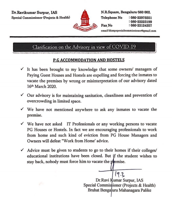 GBAChiefComm's tweet image. It has come to the notice of #BBMP that some PG owners are forcing inmates to vacate the premises by misinterpreting the previous advisory. Nobody should be forced to vacate.

#Bengaluru #COVID19Bangalore #coronavirus #CoronaVirusUpdate