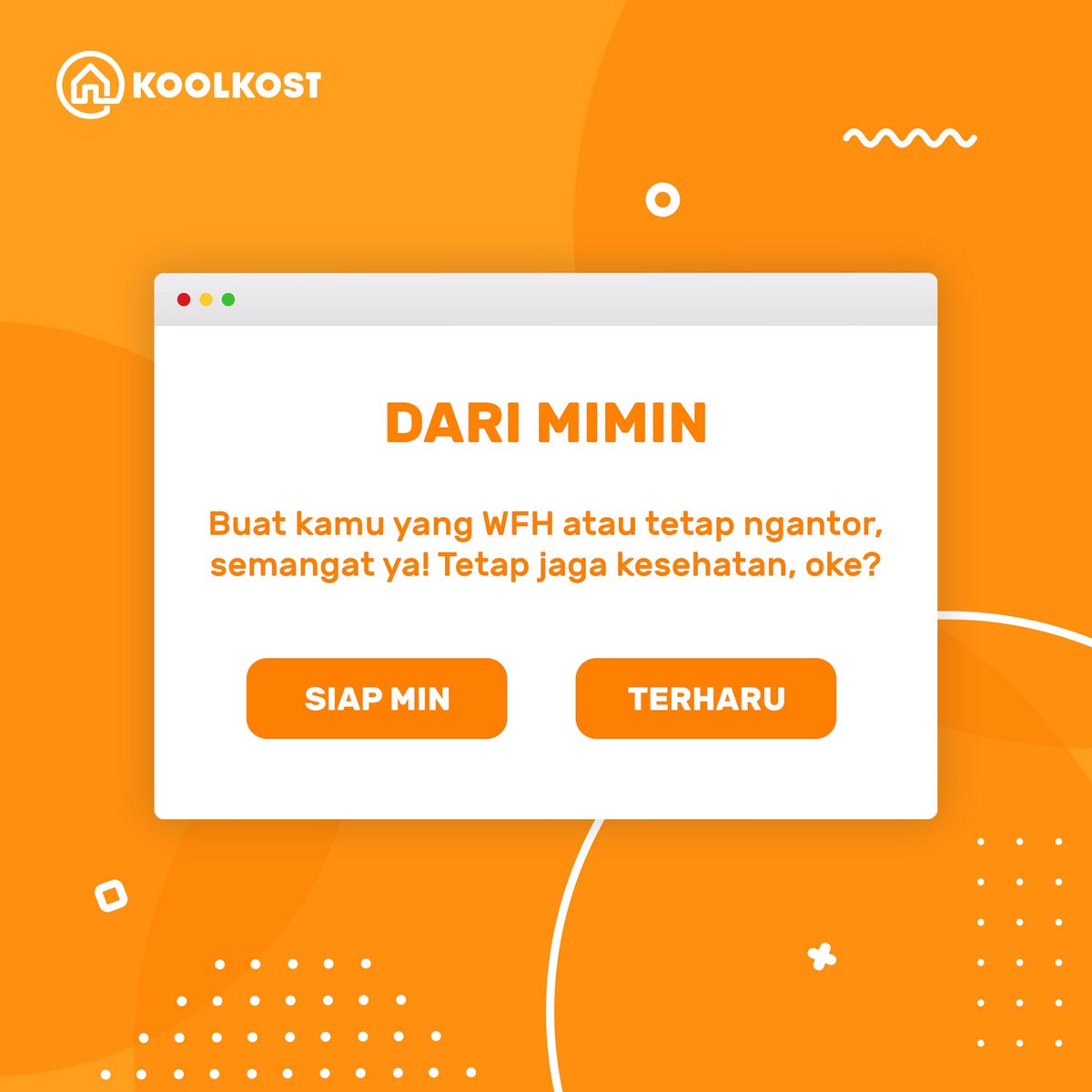 koolkostid's tweet photo. Selamat hari Kamis, jangan lupa selalu optimis. Buat kamu yang #WorkFromHome atau tetap ngantor, tetap jaga kesehatan ya! 🤗#BebasKhawatir #KoolKost #KoolKostIndonesia https://t.co/1oNZrJg4x5