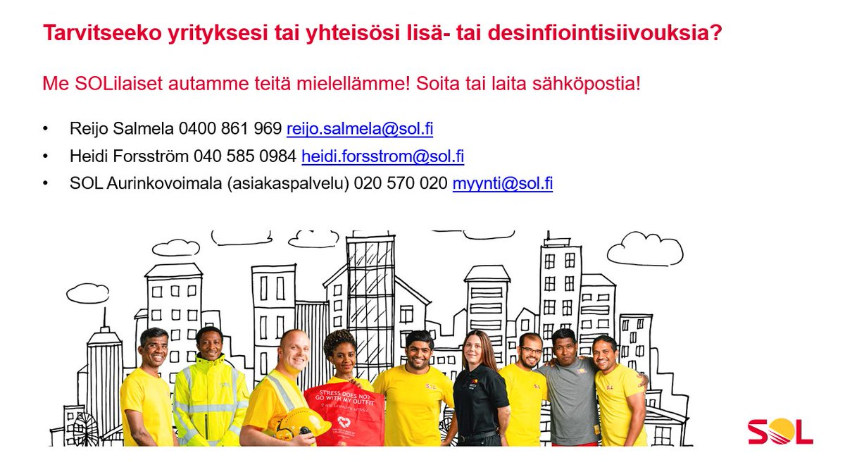Uteliasko's tweet photo. Hei! Tarvitseeko yrityksesi tai yhteisösi lisäsiivouksia tai desinfioivia siivouksia? Me SOLissa autamme mielellämme. Alla muutamia yhteystietoja, joista voit kysyä lisätietoja.
@SOLPalvelut #saajakaa https://t.co/0rGCOXltZ8