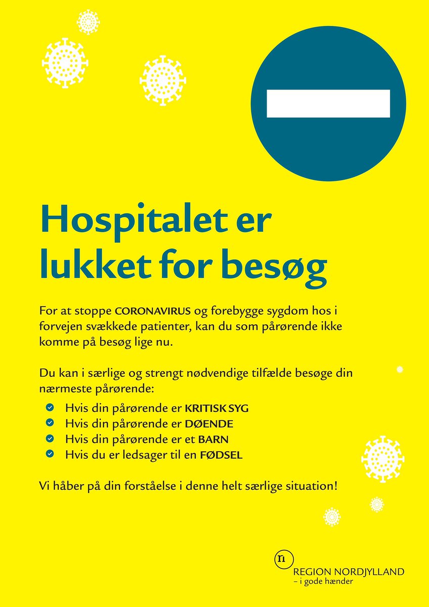 Fra fri besøgstid til besøgsforbud. Det er et drastisk tiltag, men vi skal begrænse smitten blandt vores patienter og særligt sårbare. Det bliver svært og hårdt for patienter/pårørende, håber på forståelse for påbuddet, og for hvorfor det er trådt i kraft. #covid19dk #sundpol