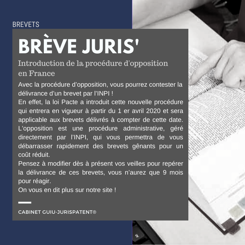 NOUVELLE BRÈVE JURIS' BREVET !!! 
Sujet de la semaine : Introduction de la procédure d'#opposition en France

Pour ne rien rater, abonnez-vous à notre page LinkedIn Entreprise ou connectez-vous sur notre site internet: jurispatent.com 

#brevet #loipacte #pi