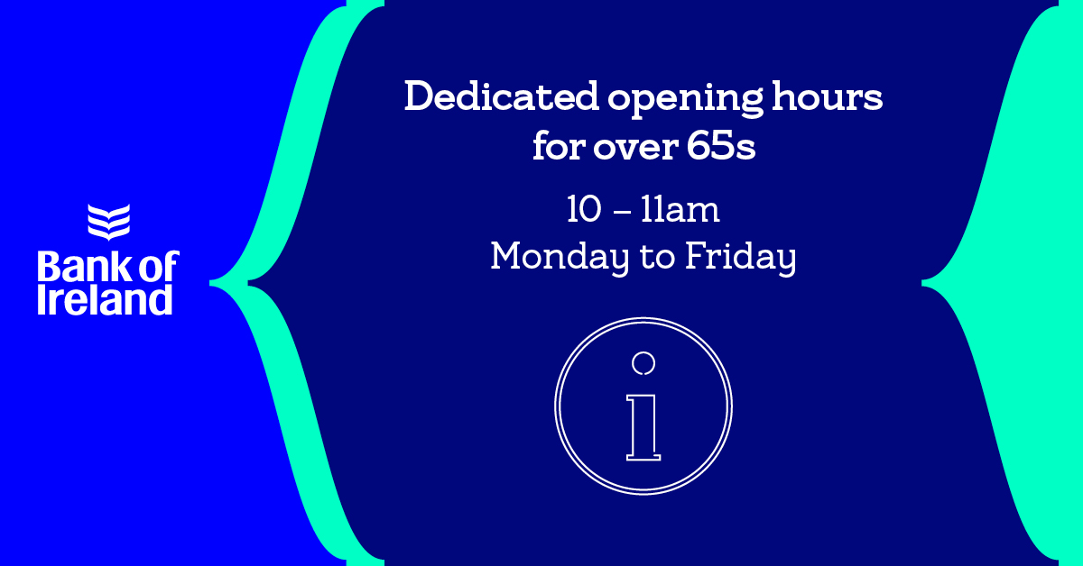 bankofireland's tweet photo. We now offer a priority service in our branches for over 65s and carers from 10–11am, Mon to Fri. Alternatively, over 65s and carers can call 1800 946 146 (9.30am-4.30pm). https://t.co/CBlGhwmRje