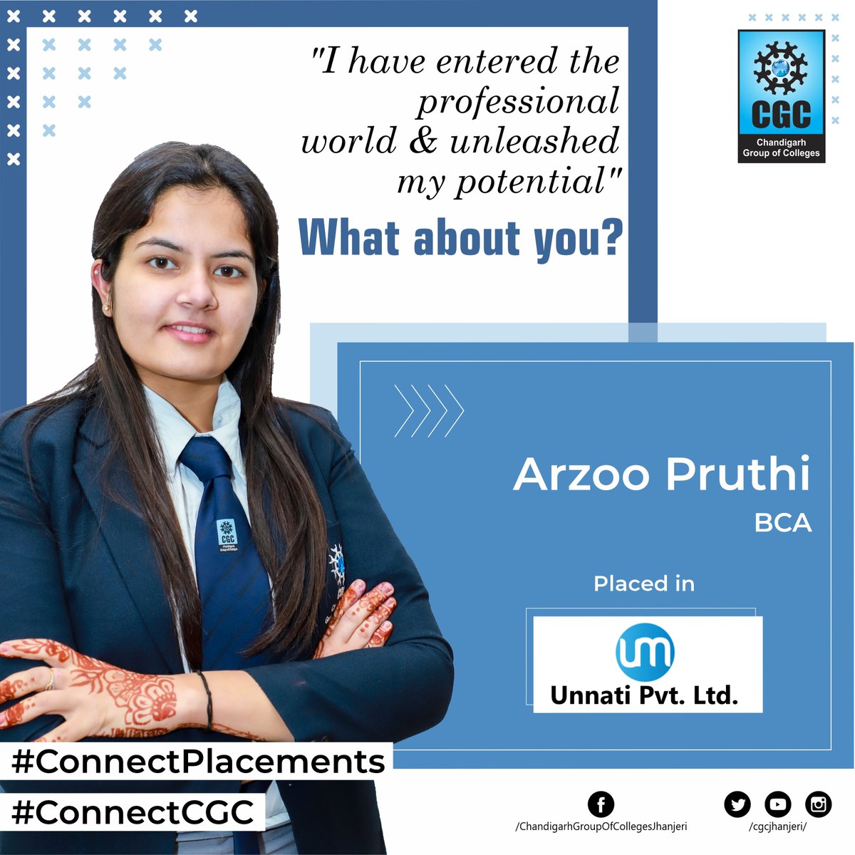 cgcuniversity's tweet photo. #Arzoo Pruthi, a BCA student at CGC, Jhanjeri got placed in @UnnatiOnline Pvt. Ltd. Let’s hear it from Arzoo Pruthi as to what she has to say about her experience at #CGCJhanjeri....
#ConnectPlacement #ConnectCGC #Learning #Education #LifeatCGC #BuildingCareers #TransformingLives https://t.co/YF5N26CUR9