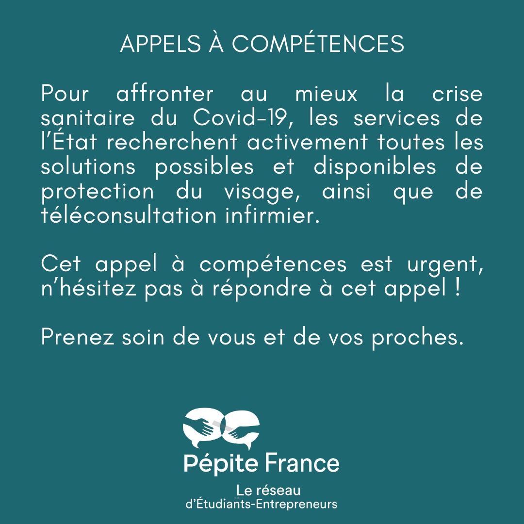 APPELS À COMPÉTENCES

Pour participer :
Solutions de protection du visage : bit.ly/398fdqx 
Solutions de téléconsultation et télésoin : bit.ly/33s3ba8  

#COVID19