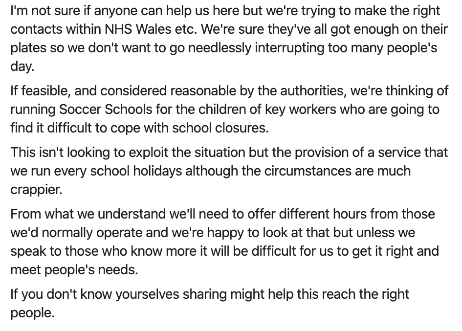 GolCardiff's tweet photo. We're looking to run Soccer Schools for children of key workers who might find it difficult to cope with school closures. If anyone could inform us as to the best people to speak to about this (NHS Wales etc) we'd be immensely grateful. If not, a RT would be appreciated. Diolch. https://t.co/m5FNCIeAGU