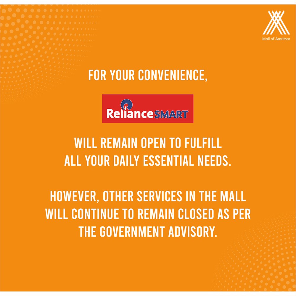 MallofAmritsar's tweet image. To curb the spread of #COVID19, #MallOfAmritsar will continue to remain closed.
However, #RelianceSmart will be open to fulfill all your daily essential needs.
While we continue to take all necessary measures for your safety, we request you to exercise caution as well.