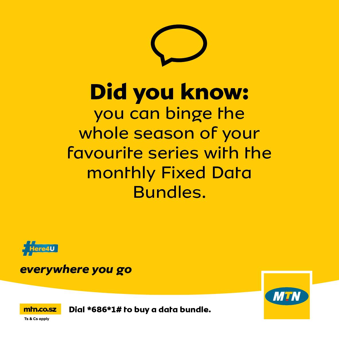 MTNEswatini's tweet photo. #DYK that a streaming marathon of your favourite show from the comfort of your humble abode is too easy on the makoya network? Well, now you know π; that with #MTNFixedData you can have those warm couch surfing moments the bright wayππ½. Simply dial *686*1*5# to get it popping! https://t.co/8fn2uhSFhx