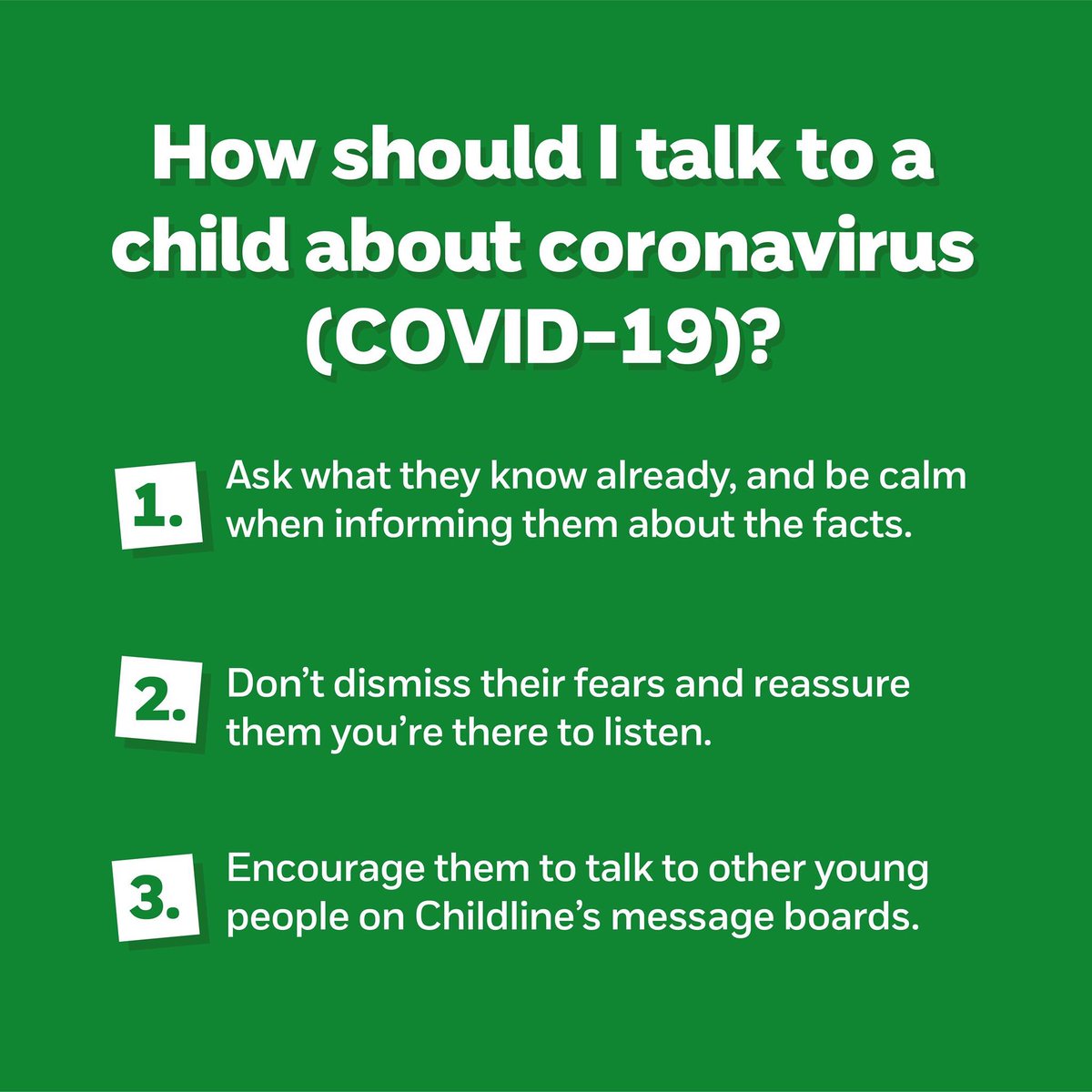 Our Childline counsellors have spoken to a growing number of children who are concerned about the #coronavirus pandemic (COVID-19). We know many people, incl. parents + teachers, may need to offer support to a young person, so we’ve put together some advice to help 👇 please RT