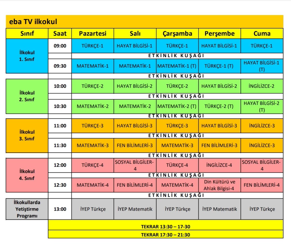 Sayın Bakanımız <a href="/ziyaselcuk/">Ziya Selçuk</a>'un  açıkladığı,23 Mart Pazartesi günü saat 09.00'da başlayacak #ebaTV ders proramı.Hayırlı olsun.
Programın yaygınlaştırılması derslerin takibi açısından önemli.
Rabbim zihin açıklığı versin.
Sağlıkla,sıhhatle.
