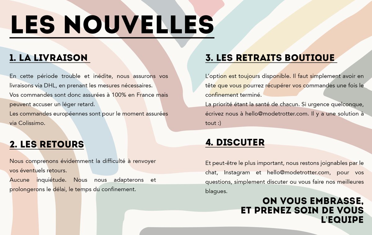 Modetrotter's tweet photo. Coucou ! On espère que vous allez bien, voici quelques informations pour les prochaines semaines, s'il y a du changement on vous préviendra bien sur ! On vous embrasse fort, et prenez bien soin de vous - Toute l'équipe Modetrotter 💕 https://t.co/TsFvhEL4uu